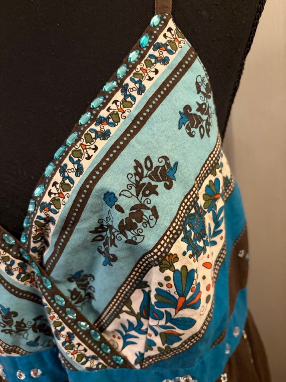 Boho V-Neck Brown and Turquoise Embroidered Midi Dress - Picture 4 of 8